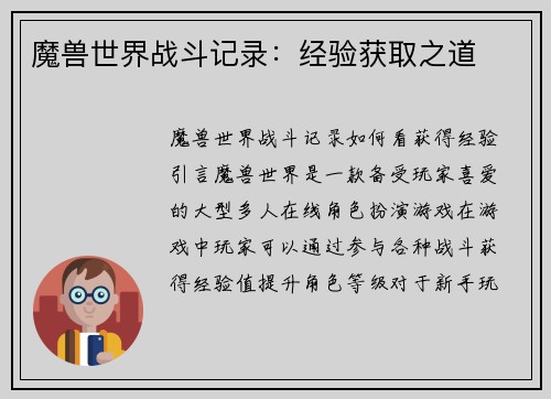 魔兽世界战斗记录：经验获取之道