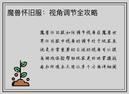 魔兽怀旧服：视角调节全攻略